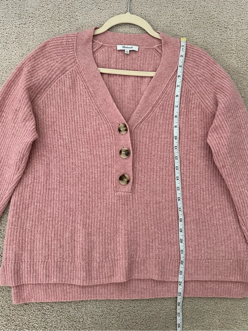 Madewell Merino Wool Pink V-Neck Button Front Lyle Rib Henley Pullover Sweater